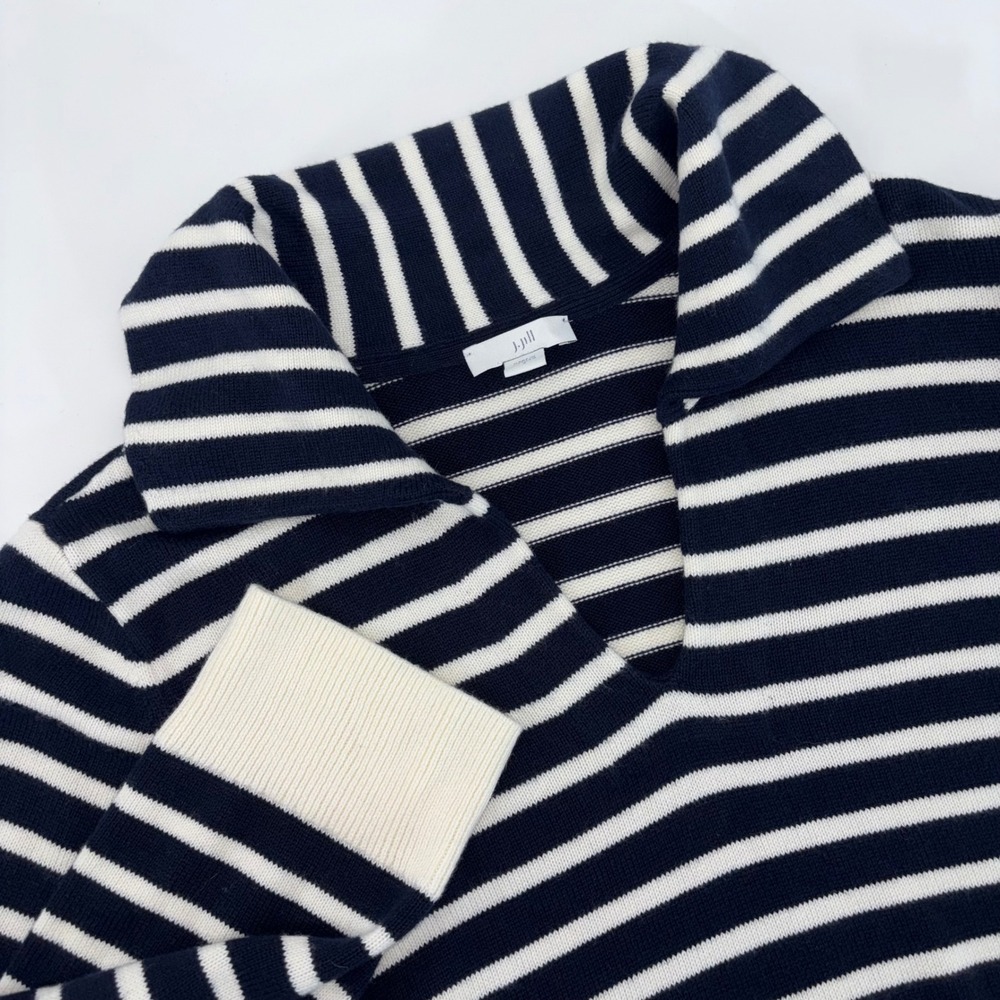 J. Jill Striped Sweater Womens Small Navy Blue White Johnny Collar 3/4 Sleeve
